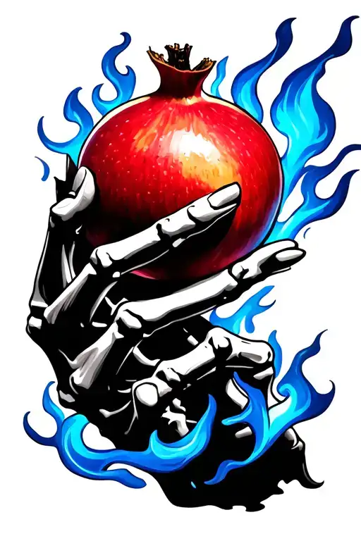 skeleton arm and hand holding a pomegranate. blue flames around the hand tattoo design idea