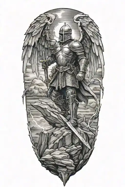 a knight with angel wings with one foot on top of a rock and a sword lifted to the sky with lightning in the back tattoo design idea
