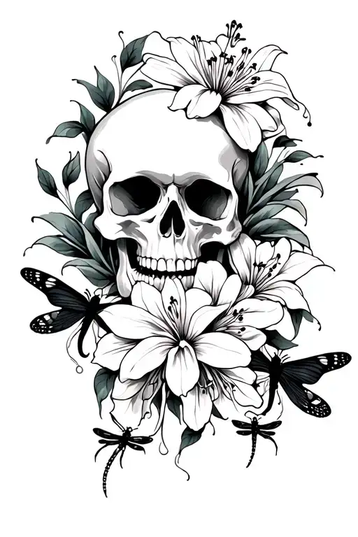 skull with spider lilies and dragonflys  tattoo design idea