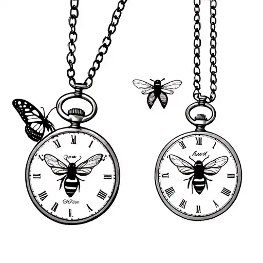 fine line tattoo two pocket watches withe names and a butterfly and bee  tattoo design idea