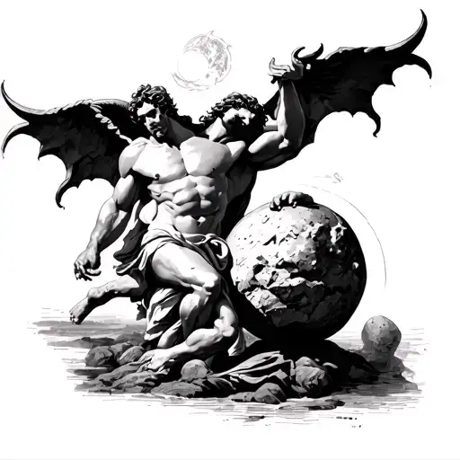 michael killing the devil on the shoulder. michelangelo hand of god in the middle. sisyphus pushing boulder on the botto tattoo design idea