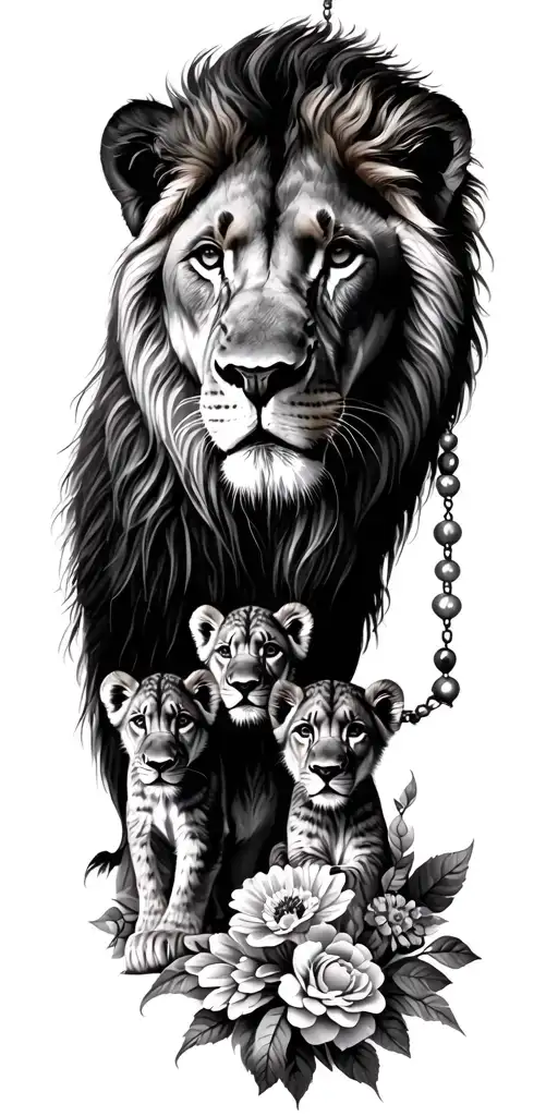 full sleeve mama lion and 3 cubs, catholic rosary, birth flowers for months February, June and December, mandala  tattoo design idea
