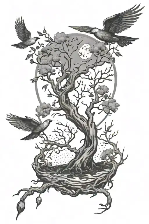 poison tree with birds and moon surrounded tattoo design idea