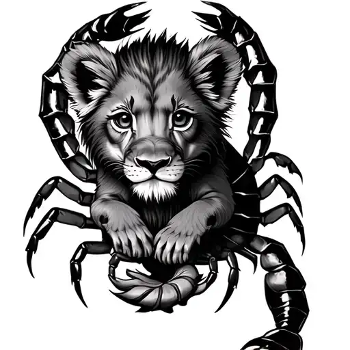 lion cub cradled by scorpion tattoo design idea