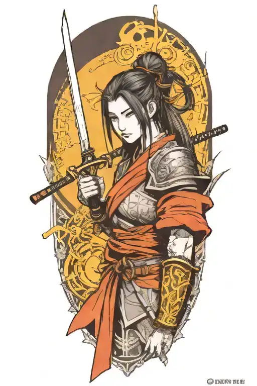 Half-body samurai girl in dark souls style blood tattoo design idea