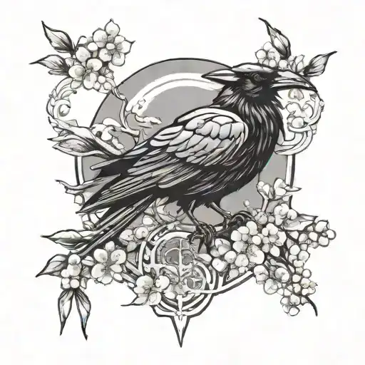 cyber sigilism with raven and cherry blossoms  tattoo design idea