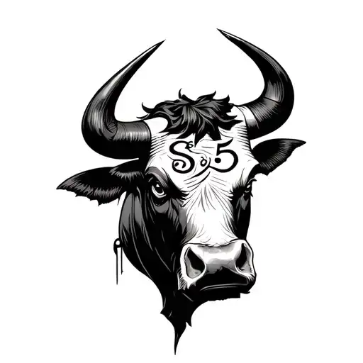In a Japanese style, head of the combat bull annoy with written on his forehead "S 5". tattoo design idea