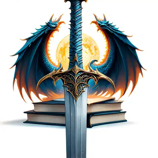 sword through stack of books dragon wings celestial  tattoo design idea