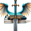 sword through stack of books dragon wings celestial  tattoo design idea