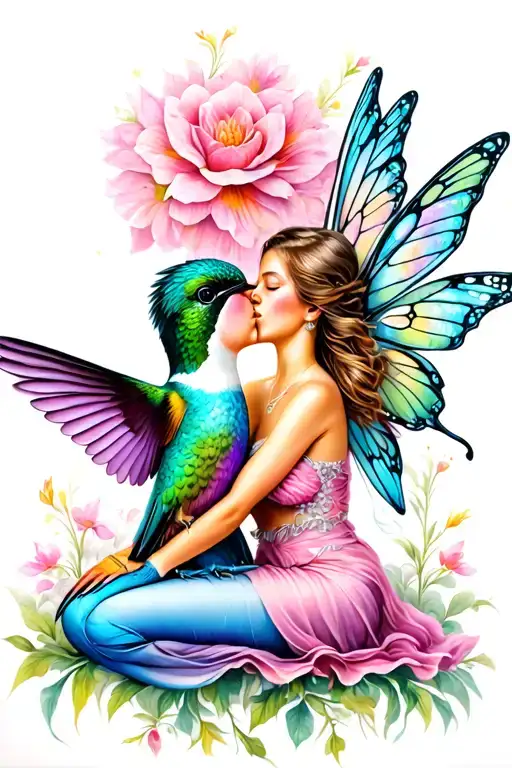 hummingbird kissing a fairy sitting tattoo design idea