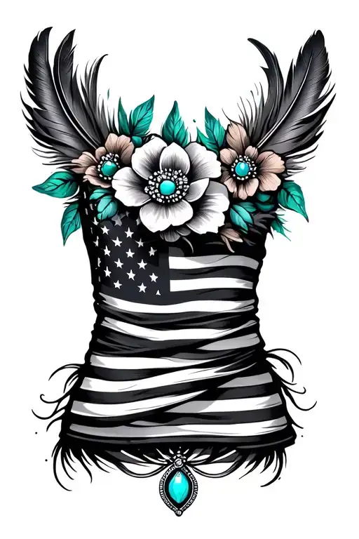 feathers top and bottom with american flag and black and turquoise western jewelry, flowers, with , with green leaves tattoo design idea