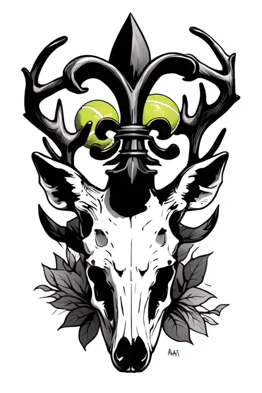 small deer skull with tennis ball and ekg line  with a fluer de lis tattoo design idea