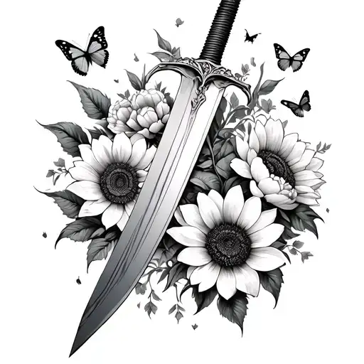 sword with peonies and sunflowers all over it with butterflies around it tattoo design idea
