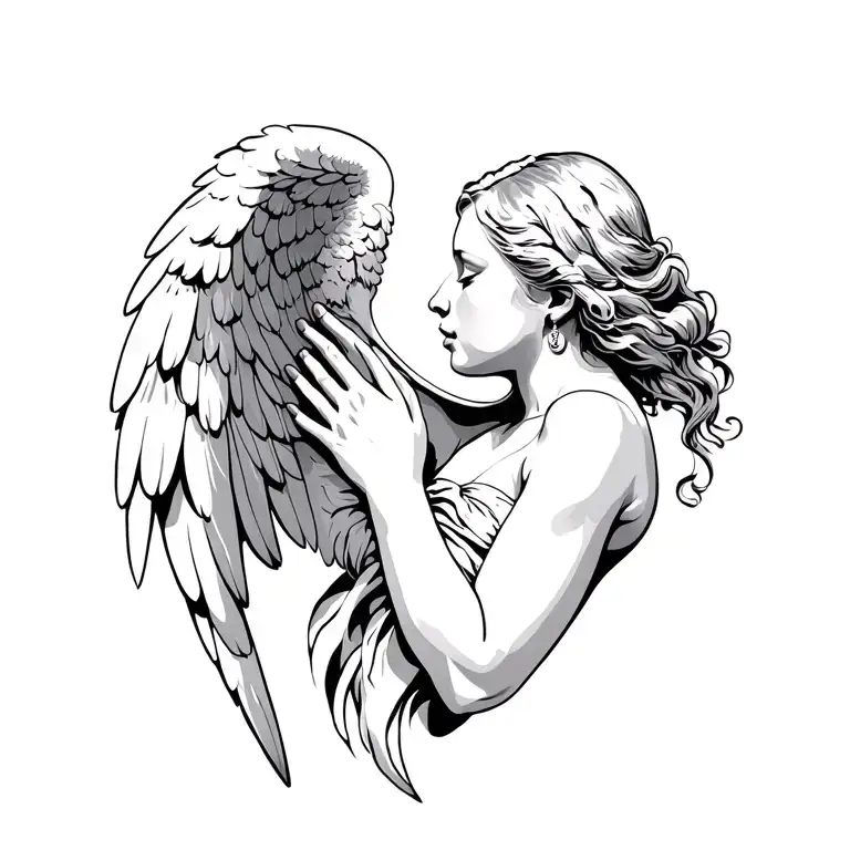 angel holding hand whispering into ear neck tatto tattoo design idea