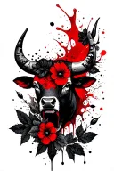 Bull head, black flowers and leaves tattoo design idea