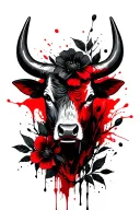 Bull head, black flowers and leaves tattoo design idea