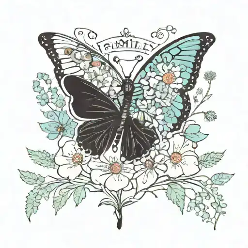 A bouqet of wild flowers with exposed stem on which we overlap a butterfly with open wings, containing the word "family" tattoo design idea