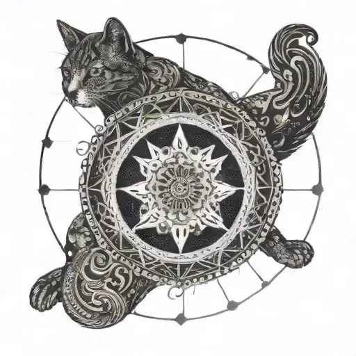 A dotwork mandala featuring elements from the Marauder's Map and a cat silhouette in the center tattoo design idea