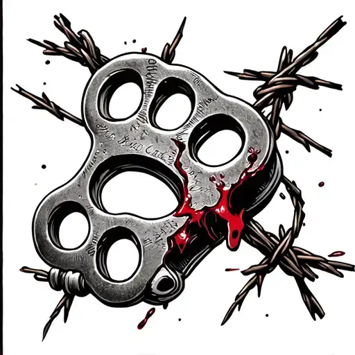Brass knuckles and barb wire wrapped around it with blood on the wire and a crack in the  knuckle and it spells loyal  tattoo design idea