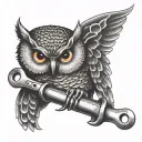 Create a dotwork tattoo featuring an owl perched on a wrench, symbolizing the client's love for mechanics tattoo design idea