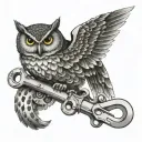 Create a dotwork tattoo featuring an owl perched on a wrench, symbolizing the client's love for mechanics tattoo design idea