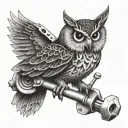 Create a dotwork tattoo featuring an owl perched on a wrench, symbolizing the client's love for mechanics tattoo design idea