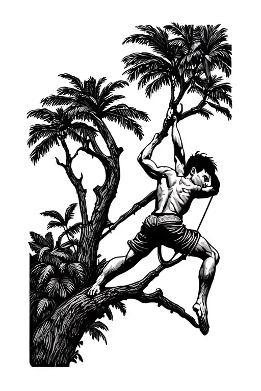 Māori jungle tarzan boy swinging in trees tattoo design idea