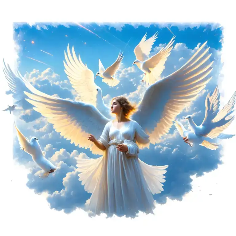 heaven, doves, clouds, angels flying tattoo design idea