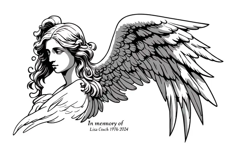 simple outline of a guardian angel with the text "In memory of Lisa Couch 1976-2024"  for the side of the neck tattoo design idea