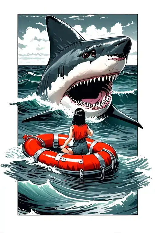 blind Girl looking over a red life raft into the ocean at a happier head shark. include shadows of shark tattoo design idea