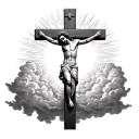 sun shining through clouds into sillouhette of Jesus on the cross tattoo design idea