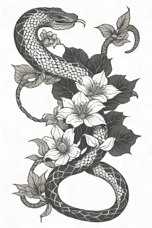 snake wrapping around big flowers blooming tattoo design idea