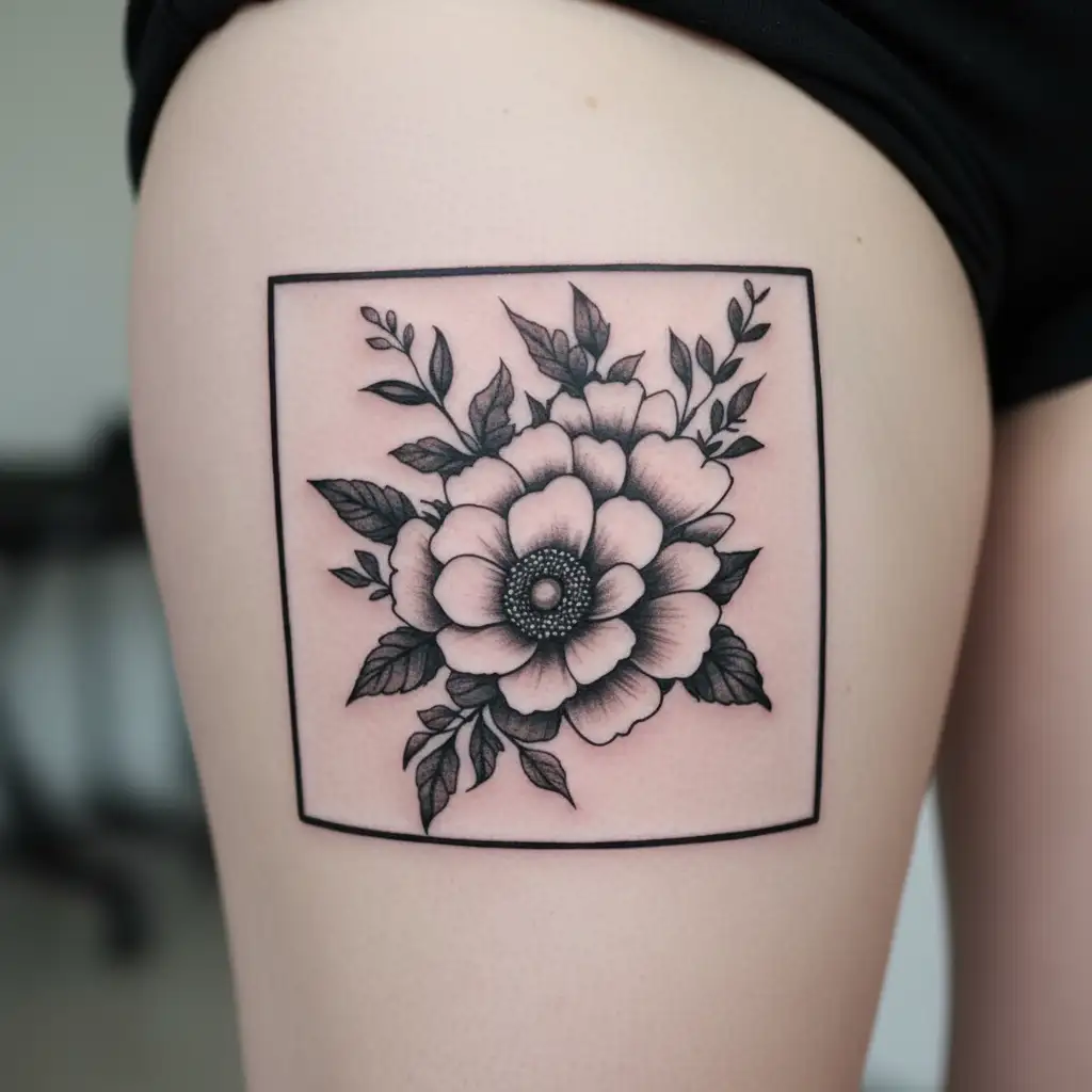 A graceful cute little tattoo with flowers for a girl on the leg and less black tattoo design idea