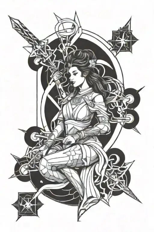 Hestia holding a burning flame swords And Between Them tattoo design idea