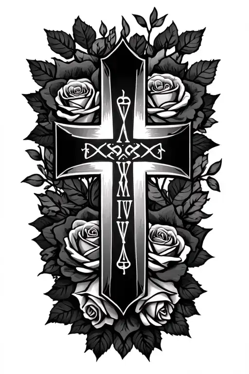 cross with roses around and XXIII IX MMVIII tattoo design idea