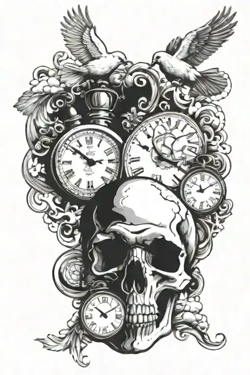 cloud background with a dove and 2 clocks and a skull sleeve for men   tattoo design idea