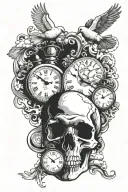 cloud background with a dove and 2 clocks and a skull sleeve for men   tattoo design idea