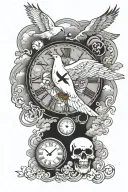cloud background with a dove and 2 clocks and a skull sleeve for men   tattoo design idea