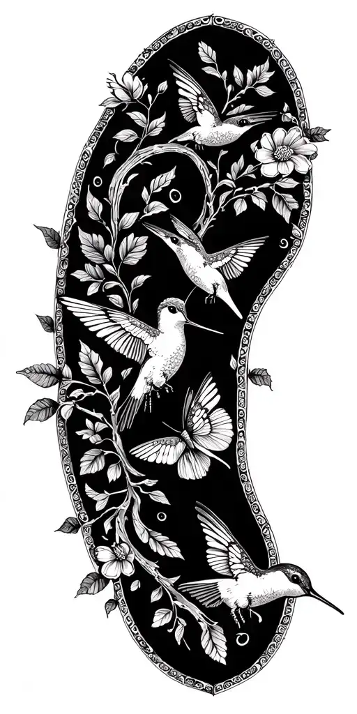 A dotwork tattoo of intricate floral patterns and vines with hummingbirds and butterflies  tattoo design idea