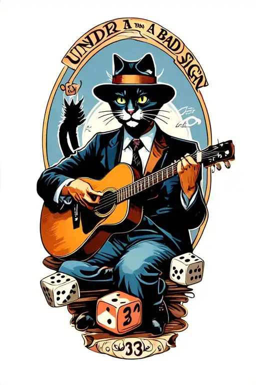 "Born under a bad sign" Robert Johnson playing guitar with a skill face. A black cat, dice, the number 13, tattoo design idea