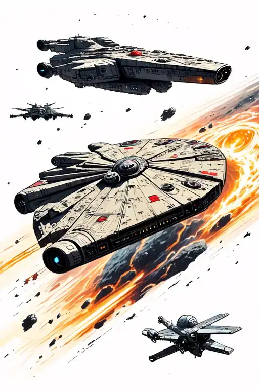 Foreground ships: Millennium Falcon weaving through an asteroid belt, X-Wing in pursuit of a TIE Fighter.Rick & Morty e tattoo design idea