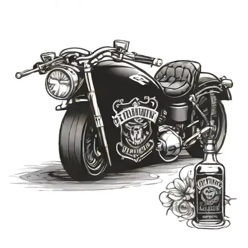 A sleek motorcycle merging into a bottle of Jack Daniel's whiskey, with a heart incorporated into the design tattoo design idea