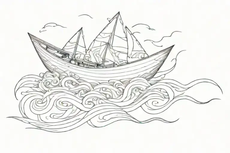 paper boat on waves flowing tattoo design idea