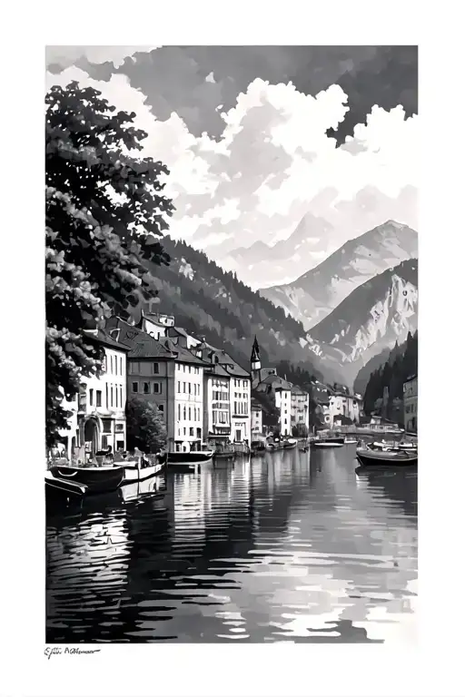 Black and grey views of Annecy with lake and reflective shading tattoo design idea