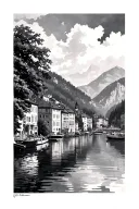 Black and grey views of Annecy with lake and reflective shading tattoo design idea