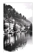 Black and grey views of Annecy with lake and reflective shading tattoo design idea