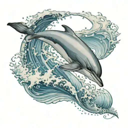 A realism tattoo of a majestic dolphin leaping out of a swirling ocean wave tattoo design idea