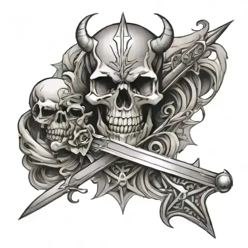 skull with an demononic star with sword going thr symbol tattoo design idea