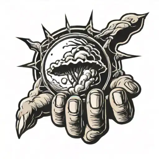 Atomic bomb exploding from the palm of a hand. Very simple traditional blackwork design for a flash tattoo tattoo design idea
