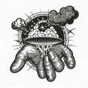Atomic bomb exploding from the palm of a hand. Very simple traditional blackwork design for a flash tattoo tattoo design idea